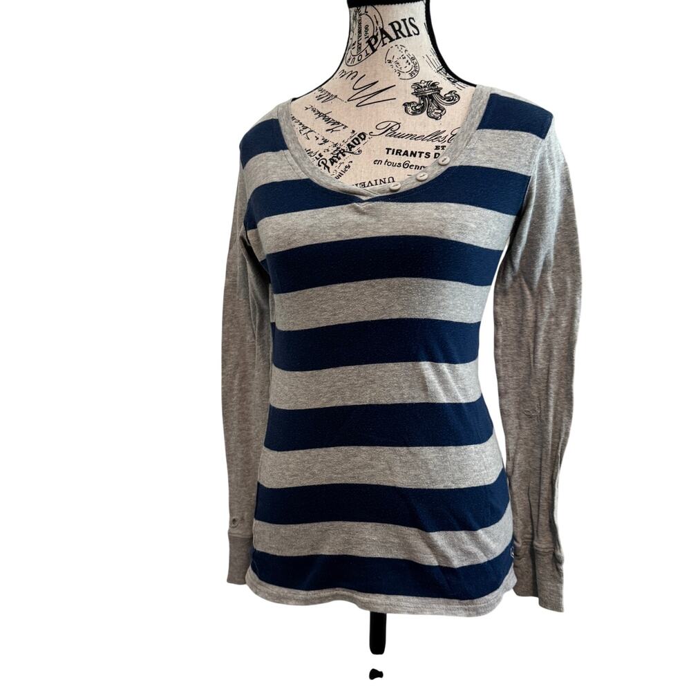 Roxy Women's Blouse Size Small Women's Blue Grey Striped Long Sleeve Top Flawed